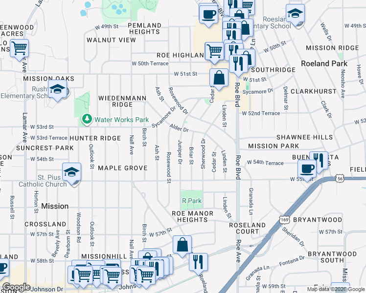map of restaurants, bars, coffee shops, grocery stores, and more near 5346 Briar Street in Roeland Park