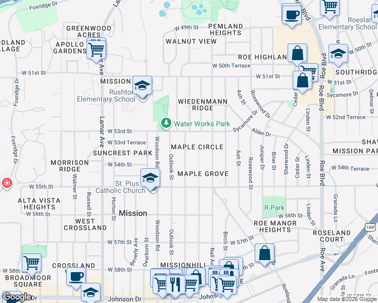 map of restaurants, bars, coffee shops, grocery stores, and more near 5336 Reeds Road in Mission