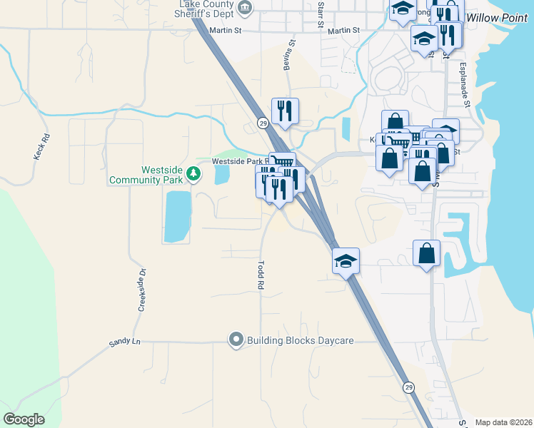 map of restaurants, bars, coffee shops, grocery stores, and more near 1329 Todd Road in Lakeport