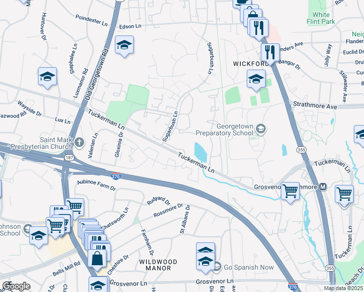 map of restaurants, bars, coffee shops, grocery stores, and more near 10713 Hampton Mill Terrace in Rockville