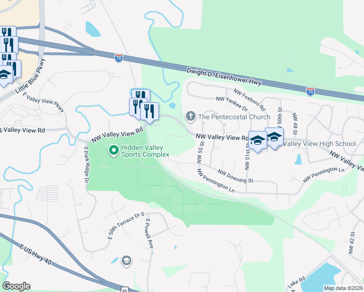 map of restaurants, bars, coffee shops, grocery stores, and more near 5520 Northwest Valley View Road in Blue Springs