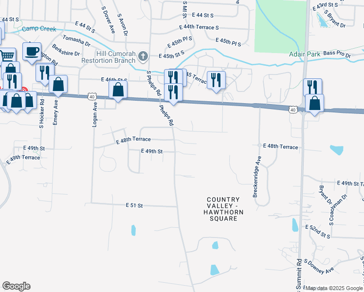 map of restaurants, bars, coffee shops, grocery stores, and more near 15405 East 48th Terrace in Kansas City