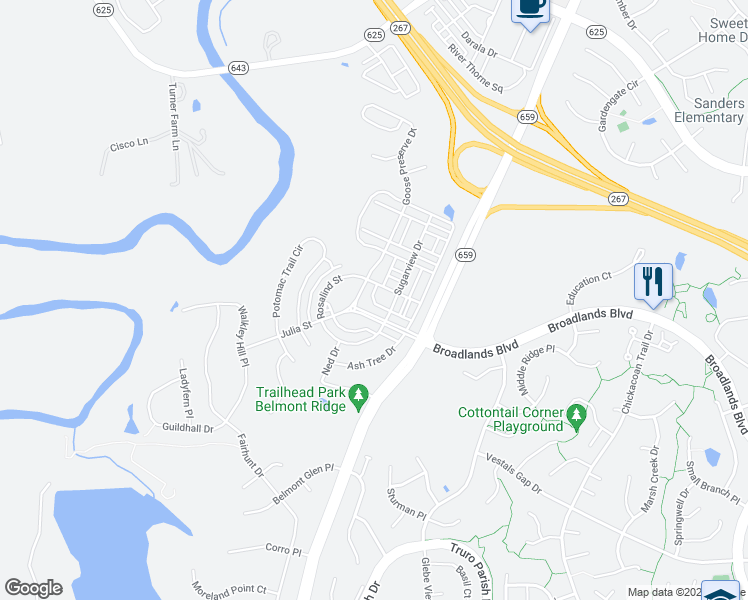 map of restaurants, bars, coffee shops, grocery stores, and more near Sunset Ridge Square in Ashburn