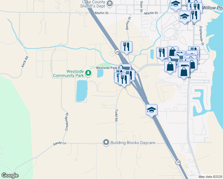 map of restaurants, bars, coffee shops, grocery stores, and more near 1329 Todd Road in Lakeport
