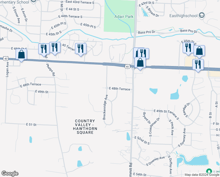map of restaurants, bars, coffee shops, grocery stores, and more near 7908 East 48th Terrace in Kansas City