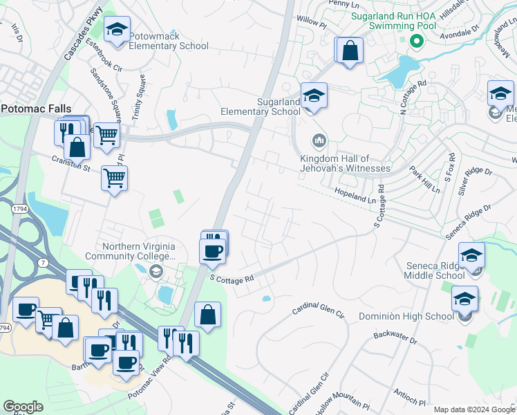map of restaurants, bars, coffee shops, grocery stores, and more near 46612 Chase View Terrace in Sterling