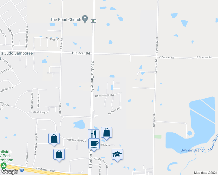 map of restaurants, bars, coffee shops, grocery stores, and more near 1510 Northeast Erin Court in Grain Valley