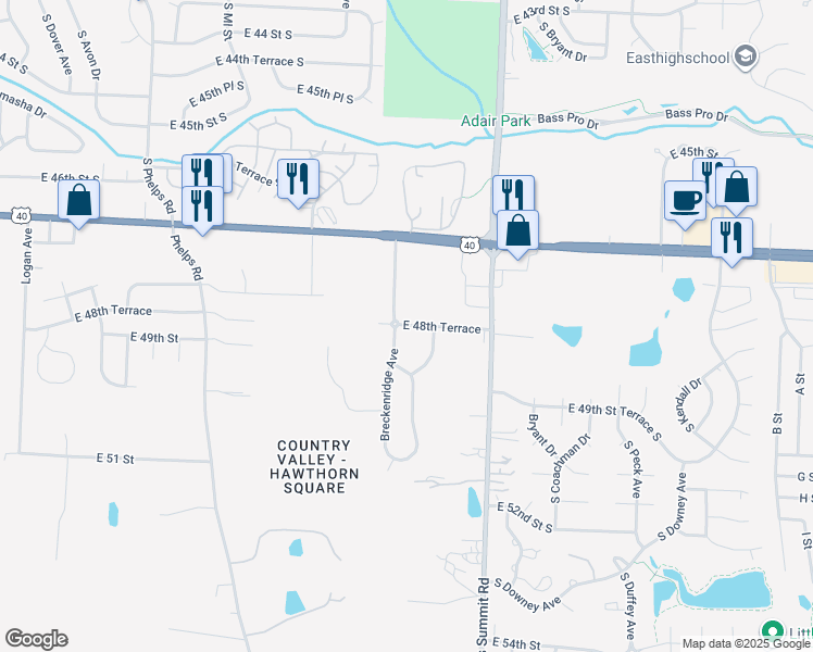map of restaurants, bars, coffee shops, grocery stores, and more near 11 East 48th Terrace in Kansas City
