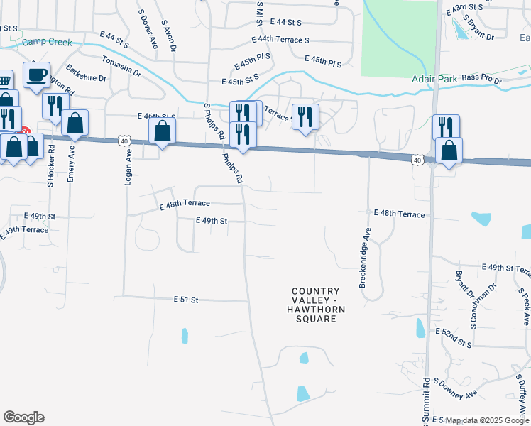 map of restaurants, bars, coffee shops, grocery stores, and more near 15502 East 49th Street in Kansas City