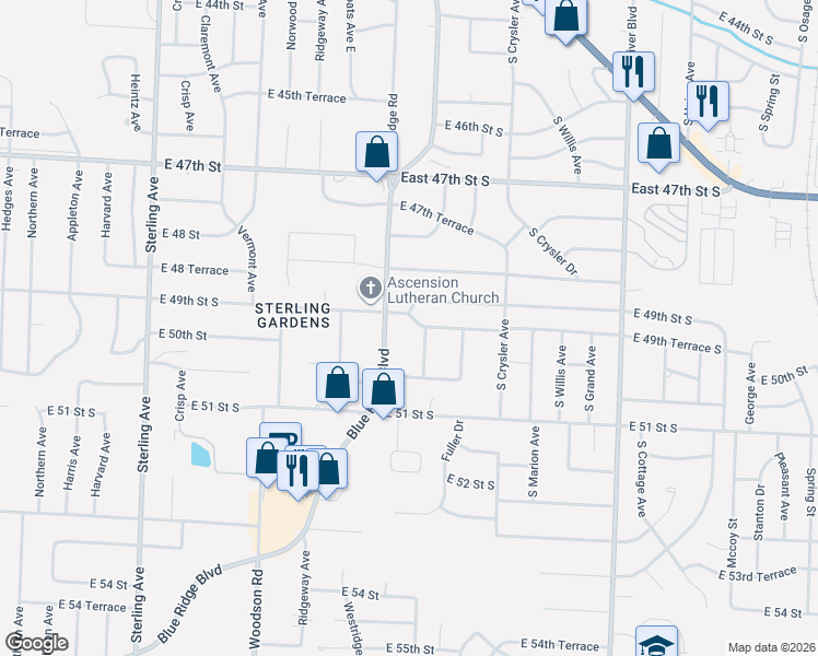 map of restaurants, bars, coffee shops, grocery stores, and more near 4935 Blue Ridge Boulevard in Kansas City