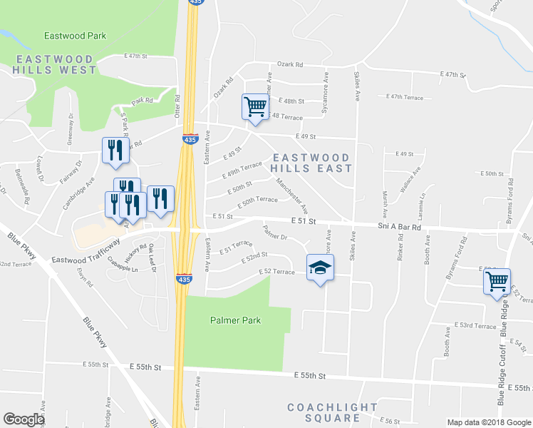 map of restaurants, bars, coffee shops, grocery stores, and more near 5101 Palmer Drive in Kansas City