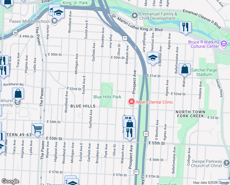 map of restaurants, bars, coffee shops, grocery stores, and more near 5207 Olive Street in Kansas City