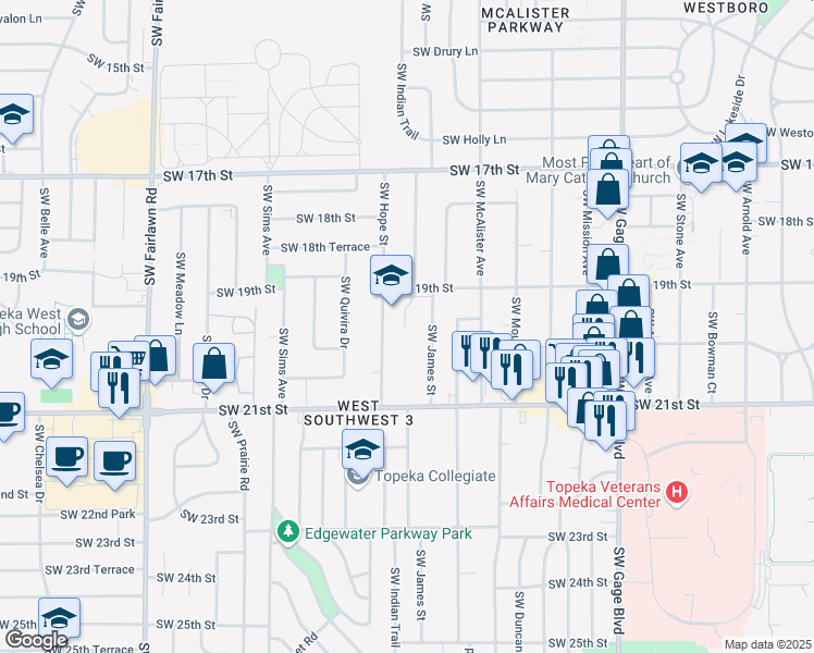 map of restaurants, bars, coffee shops, grocery stores, and more near 1900 Southwest Hope Street in Topeka
