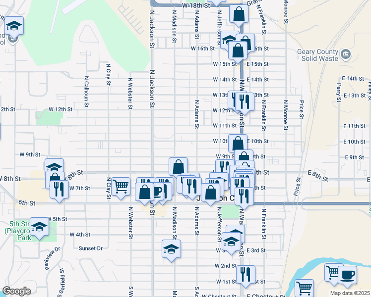 map of restaurants, bars, coffee shops, grocery stores, and more near 300 West 9th Street in Junction City