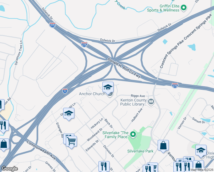 map of restaurants, bars, coffee shops, grocery stores, and more near 114 Eagle Creek Drive in Erlanger