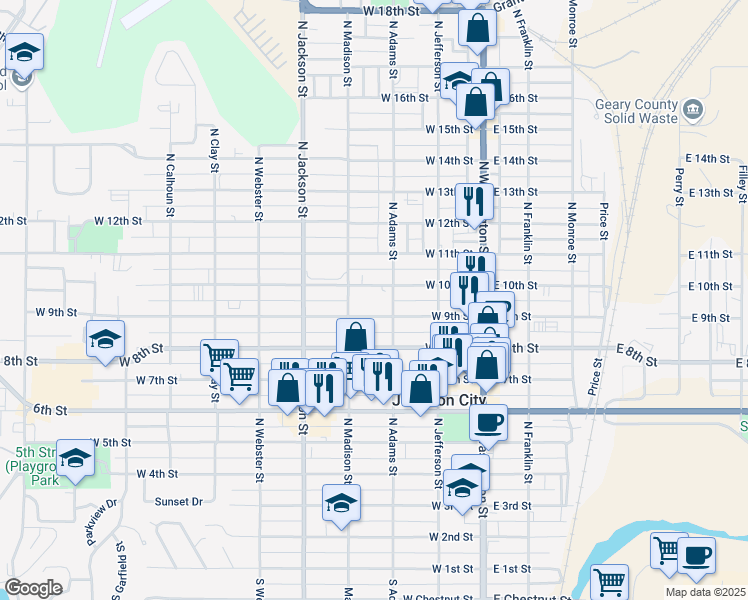 map of restaurants, bars, coffee shops, grocery stores, and more near 300 West 9th Street in Junction City
