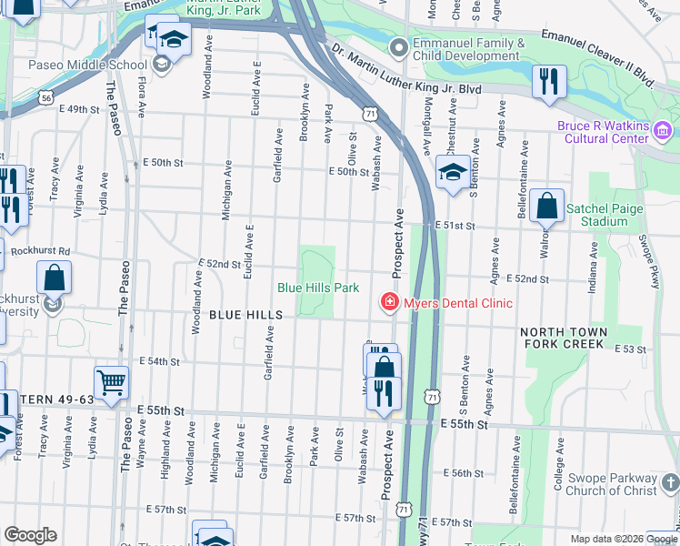 map of restaurants, bars, coffee shops, grocery stores, and more near 5207 Olive Street in Kansas City