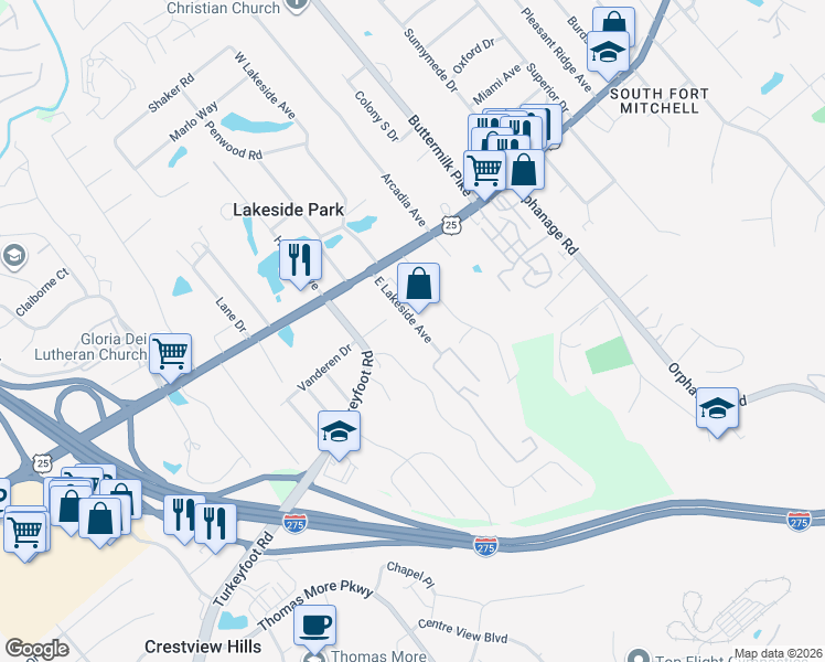 map of restaurants, bars, coffee shops, grocery stores, and more near 39 East Lakeside Avenue in Lakeside Park