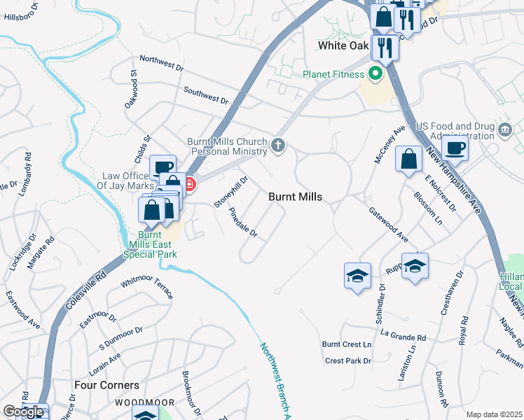 map of restaurants, bars, coffee shops, grocery stores, and more near 10708 Woodsdale Drive in Silver Spring