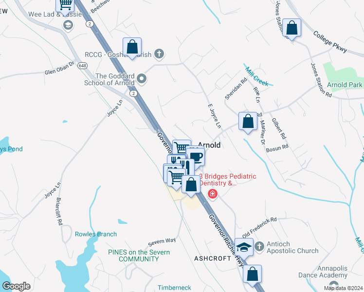 map of restaurants, bars, coffee shops, grocery stores, and more near 202 Admiral Drive in Arnold
