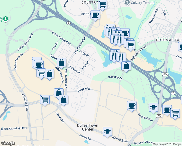map of restaurants, bars, coffee shops, grocery stores, and more near 21138 Angela Square in Sterling