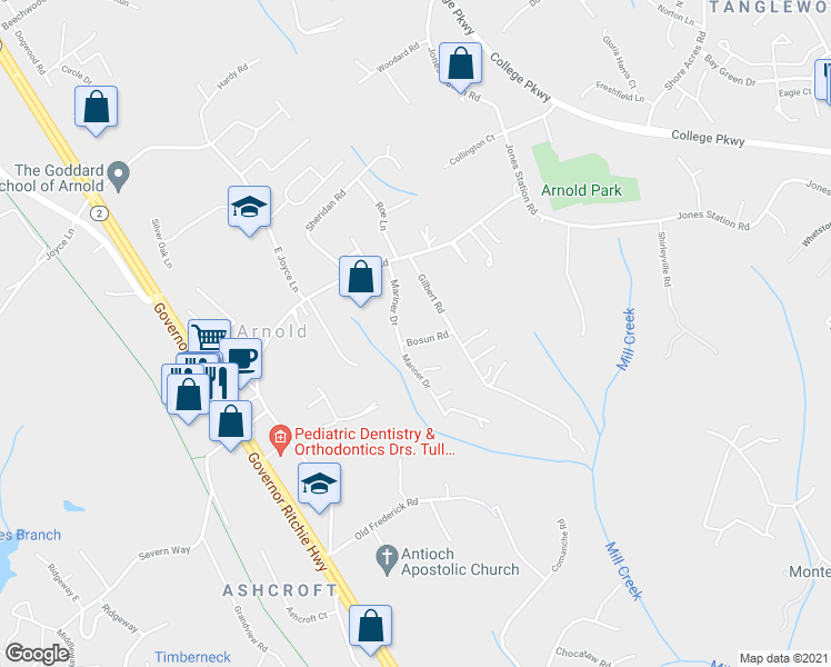 map of restaurants, bars, coffee shops, grocery stores, and more near 102 Bosun Road in Arnold