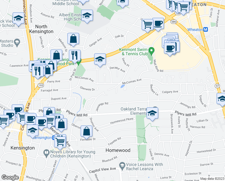 map of restaurants, bars, coffee shops, grocery stores, and more near 10725 Drumm Avenue in Kensington