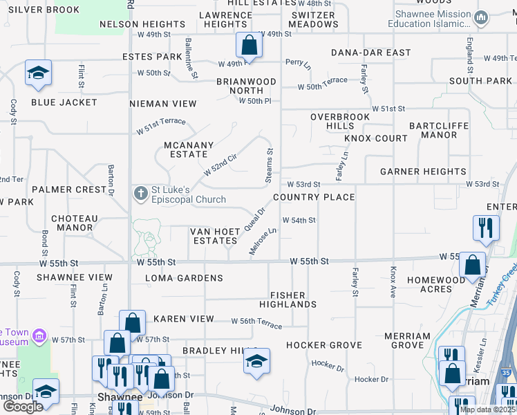map of restaurants, bars, coffee shops, grocery stores, and more near 10403 West 53rd Street in Shawnee