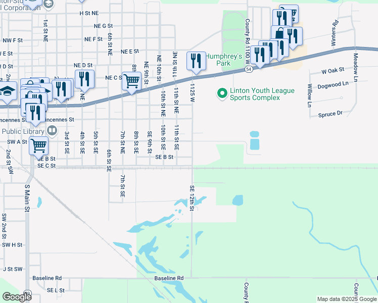 map of restaurants, bars, coffee shops, grocery stores, and more near 1169 Southeast B Street in Linton
