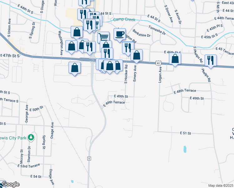 map of restaurants, bars, coffee shops, grocery stores, and more near 14111 East 49th Terrace in Kansas City