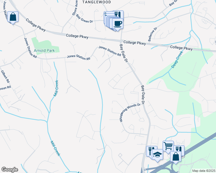 map of restaurants, bars, coffee shops, grocery stores, and more near 1515 Winterberry Drive in Arnold
