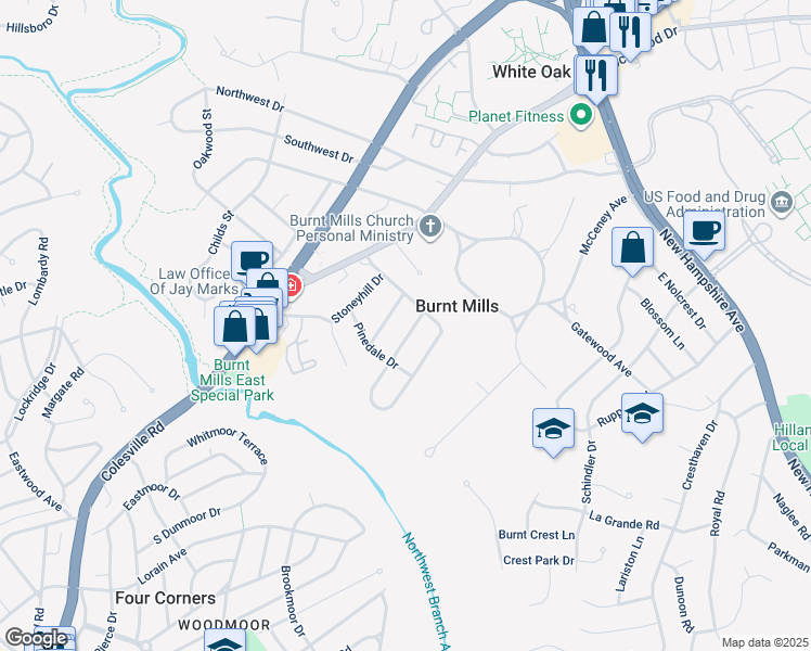 map of restaurants, bars, coffee shops, grocery stores, and more near 10708 Woodsdale Drive in Silver Spring