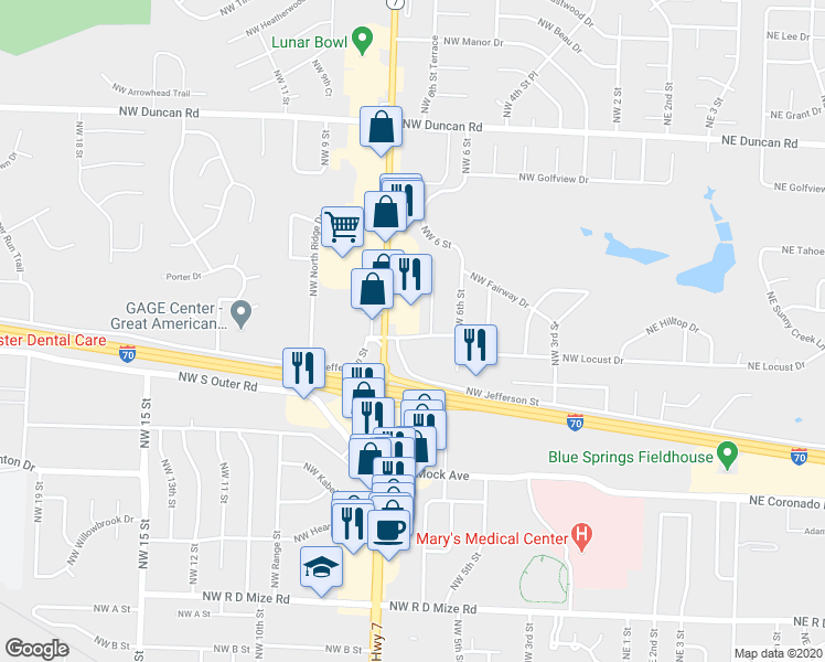 map of restaurants, bars, coffee shops, grocery stores, and more near 1200 Northwest Highway 7 in Blue Springs