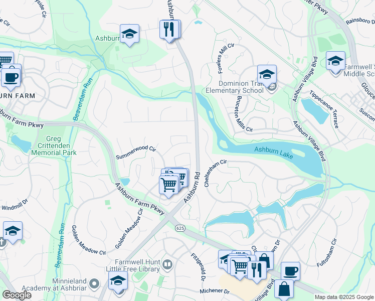 map of restaurants, bars, coffee shops, grocery stores, and more near 21143 Crocus Terrace in Ashburn