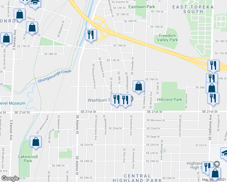 map of restaurants, bars, coffee shops, grocery stores, and more near 1918 Southeast Hudson Boulevard in Topeka