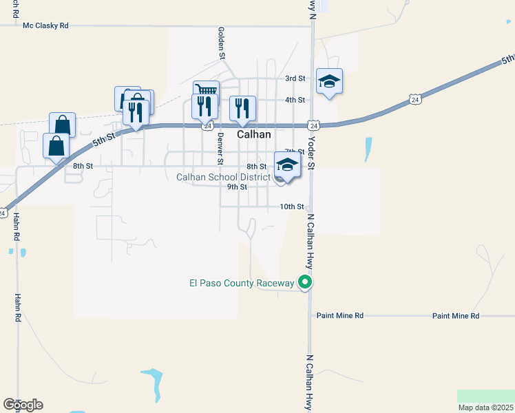 map of restaurants, bars, coffee shops, grocery stores, and more near Boulder Street & 10th Street in Calhan