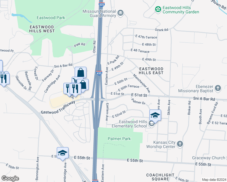 map of restaurants, bars, coffee shops, grocery stores, and more near 7408 East 51 Street in Kansas City