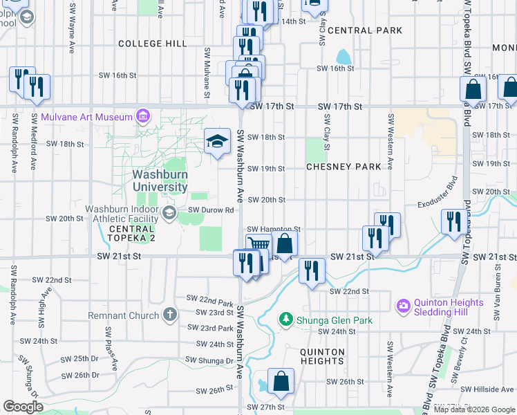map of restaurants, bars, coffee shops, grocery stores, and more near 2027 Southwest Lane Street in Topeka