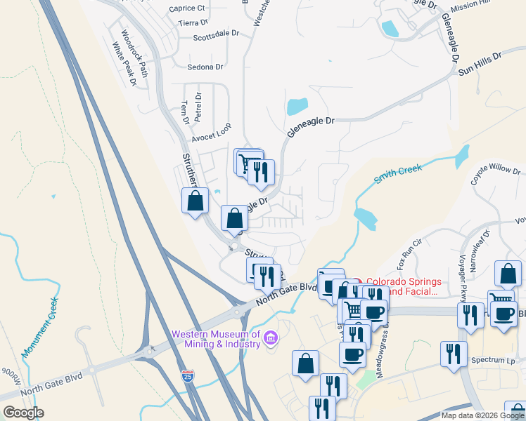 map of restaurants, bars, coffee shops, grocery stores, and more near 312 Luxury Lane in Colorado Springs
