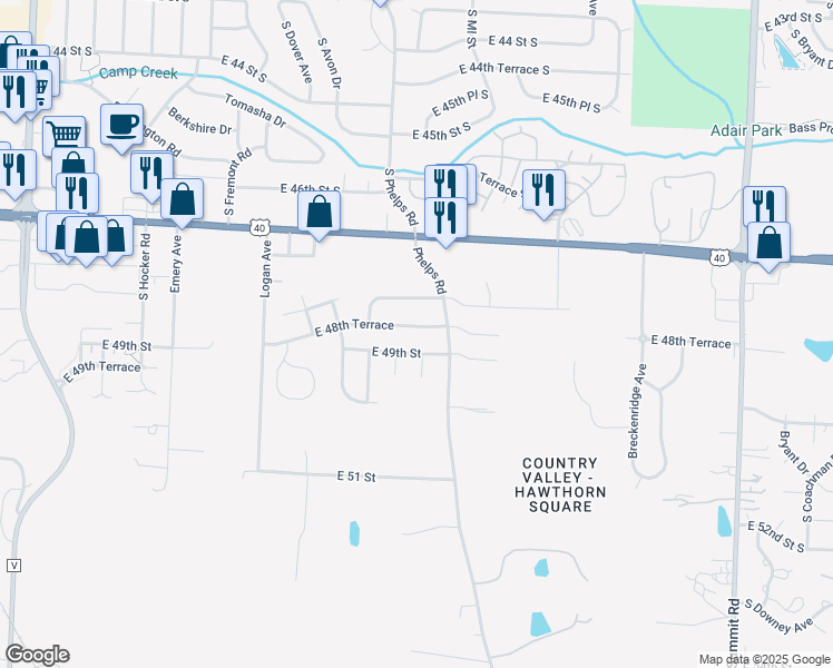 map of restaurants, bars, coffee shops, grocery stores, and more near 15216 East 49th Street in Kansas City