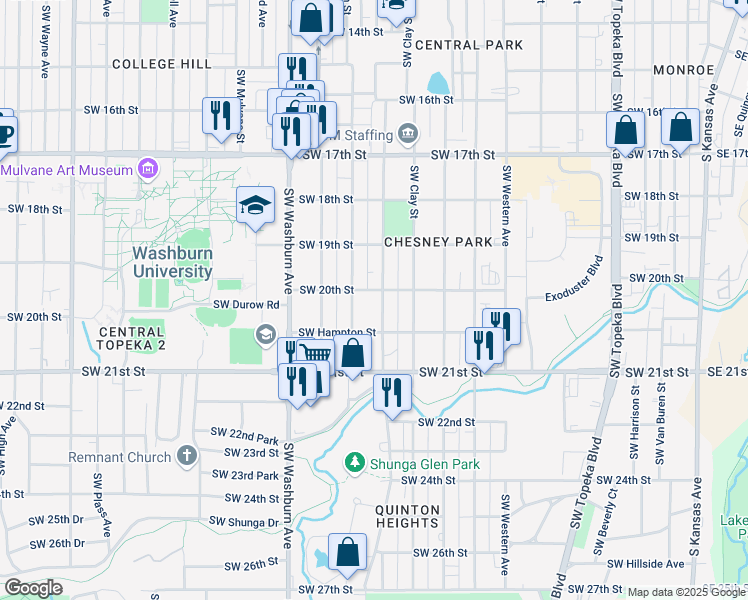 map of restaurants, bars, coffee shops, grocery stores, and more near 2024 Southwest Buchanan Street in Topeka