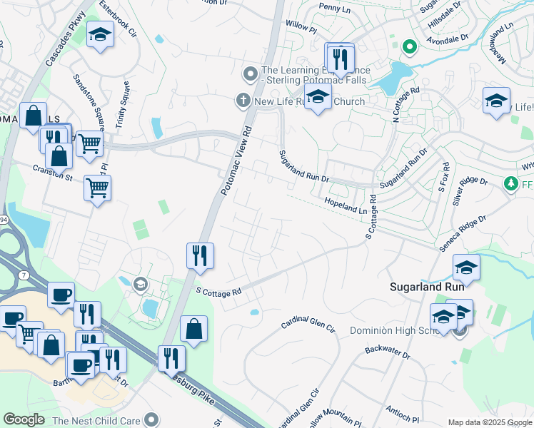 map of restaurants, bars, coffee shops, grocery stores, and more near 21018 Gladstone Drive in Sterling