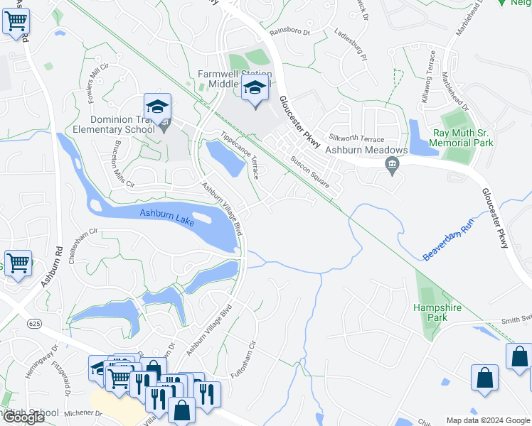 map of restaurants, bars, coffee shops, grocery stores, and more near 21113 Footstep Terrace in Ashburn