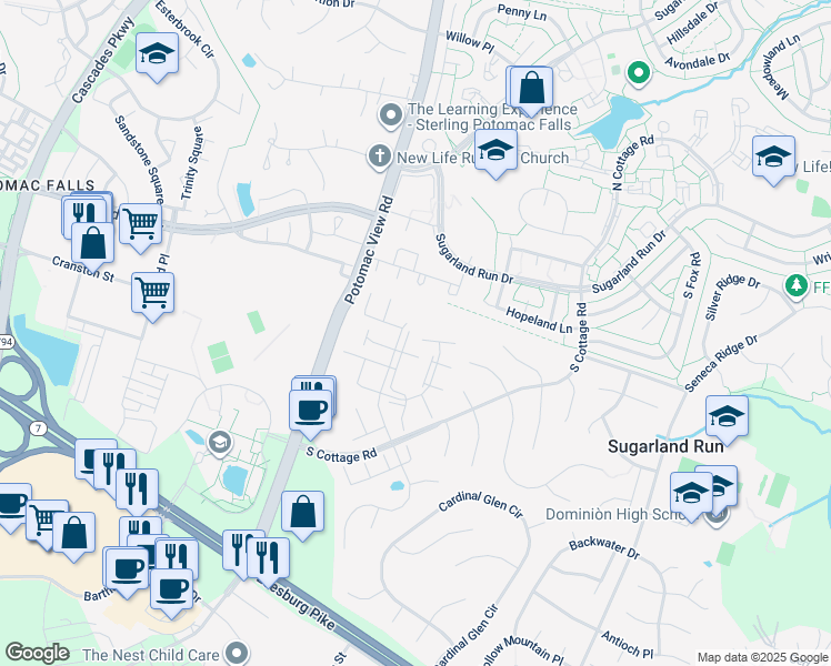 map of restaurants, bars, coffee shops, grocery stores, and more near 21018 Gladstone Drive in Sterling