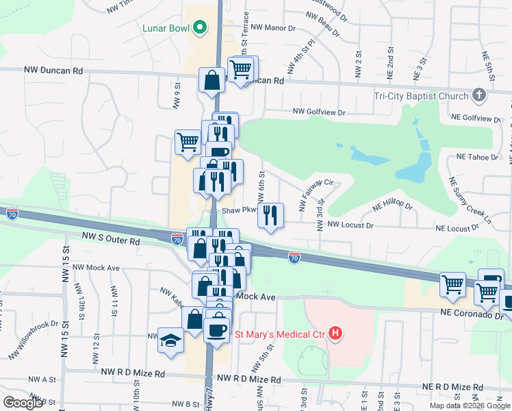 map of restaurants, bars, coffee shops, grocery stores, and more near 1113 Northwest 6th Street in Blue Springs