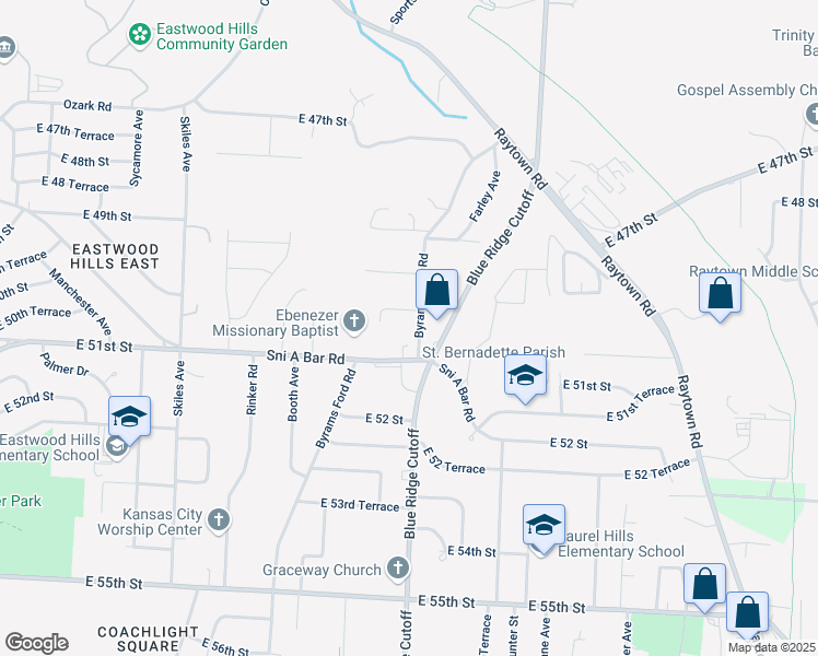 map of restaurants, bars, coffee shops, grocery stores, and more near 8717 Sni a Bar Road in Kansas City