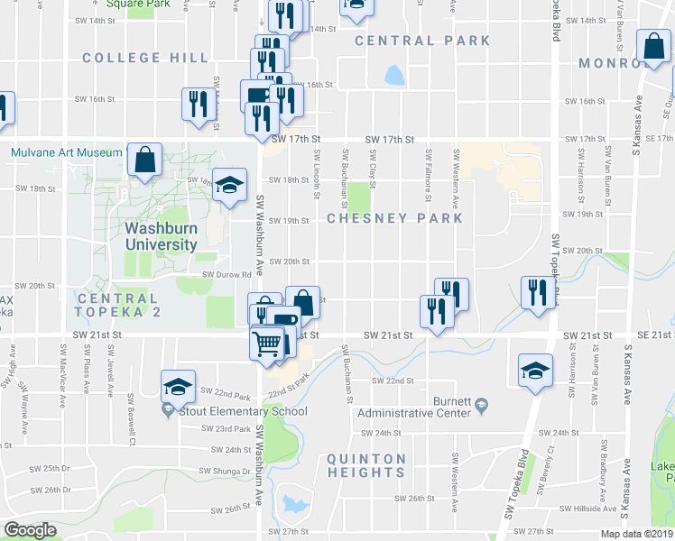 map of restaurants, bars, coffee shops, grocery stores, and more near 2024 Southwest Buchanan Street in Topeka