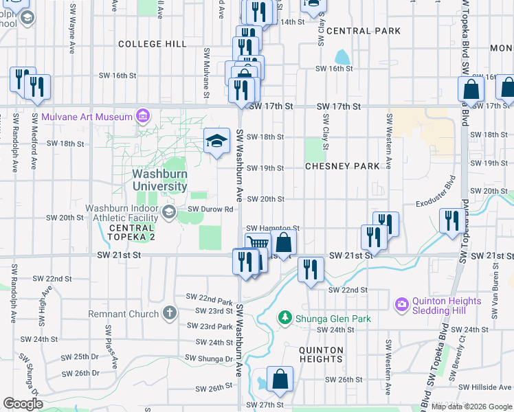 map of restaurants, bars, coffee shops, grocery stores, and more near 2027 Southwest Lane Street in Topeka