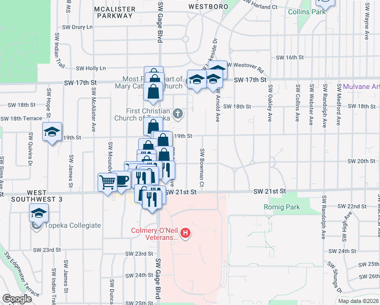 map of restaurants, bars, coffee shops, grocery stores, and more near 1948-1998 Southwest Stone Avenue in Topeka