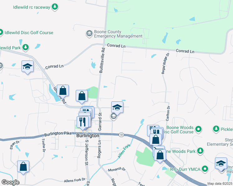 map of restaurants, bars, coffee shops, grocery stores, and more near 5844 North Orient Street in Burlington